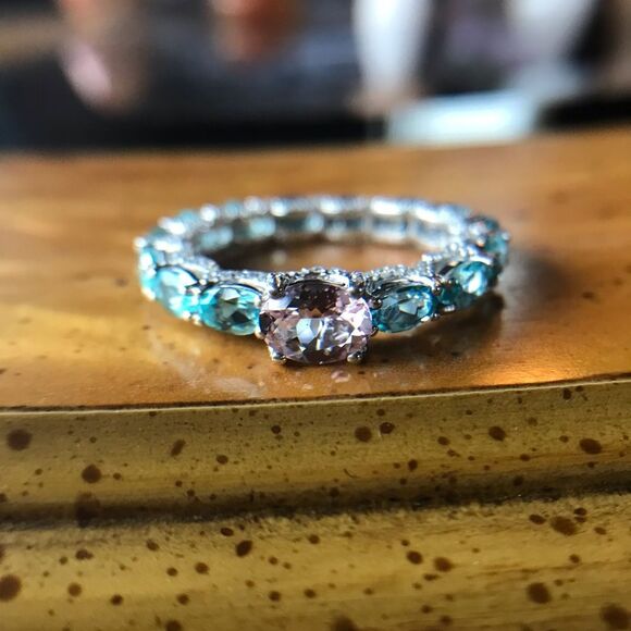 Natural Morganite Blue Apatite Sterling Silver Eternity Ring Size 10 - Picture 3 of 10